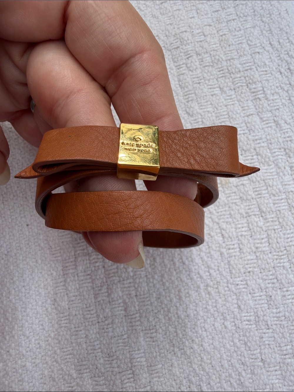 kate spade Tan Leather Bow Wrap Bracelet with Gold Accent